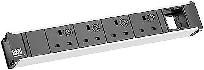 Bachmann-Steckerleiste mit fünf schwarzen Steckdosen auf silberner Basis, entwickelt für die Konnektivität elektronischer Geräte.