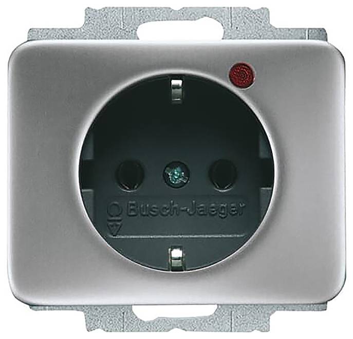 Eine graue elektrische Wandsteckdose mit einer runden Steckbuchse und einer kleinen roten Kontrollleuchte für Busch-Jaeger-Produkte.