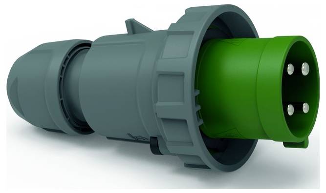 Ein grauer industrieller Elektrostecker mit grünem Ende und drei runden Stiften, der für robuste Stromverbindungen verwendet wird.