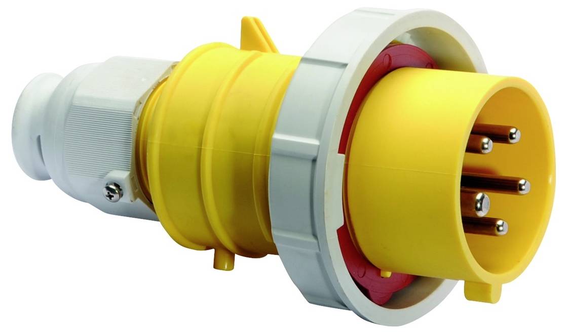 Ein gelber Industrie-Elektrostecker mit grauem Kragen und vier auseinanderstehenden Metallstiften, konzipiert für schwere Anwendungen.