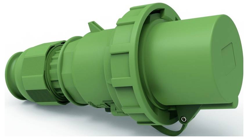 Ein grüner Industriestecker mit mehreren Komponenten, der einen sicheren Verriegelungsmechanismus und ein geripptes Design aufweist und wahrscheinlich für elektrische Verbindungen verwendet wird.