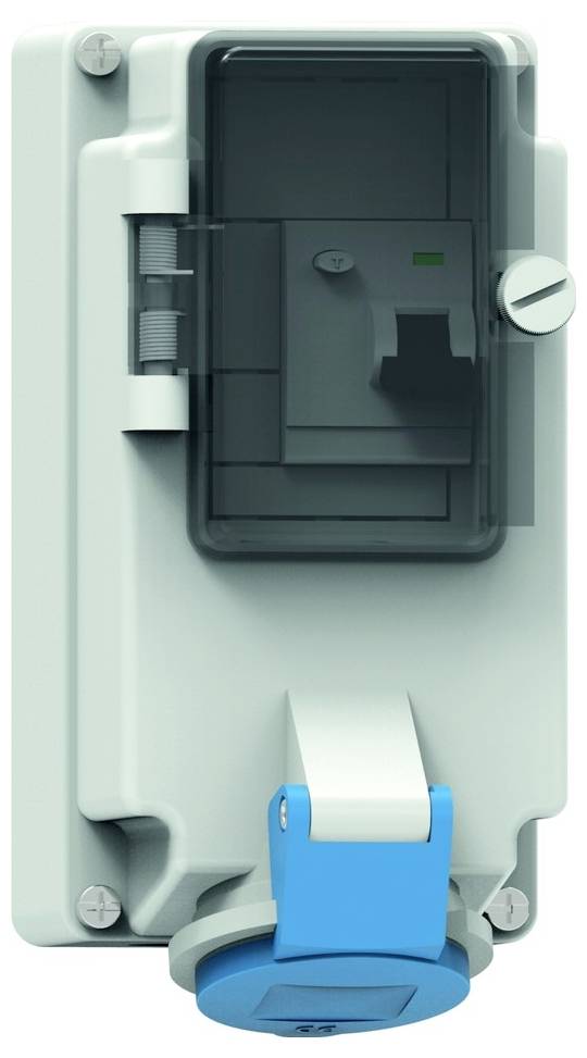 Elektroschalterkasten mit transparentem Deckel, blauem Stecker und an der Wand montiertem Gehäuse.