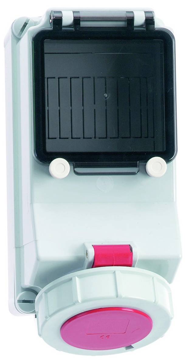 Eine elektrische Außensteckdose mit einem roten Drehschalter und Schutzkappe, die zum sicheren Anschluss von elektrischen Geräten im Freien verwendet wird.