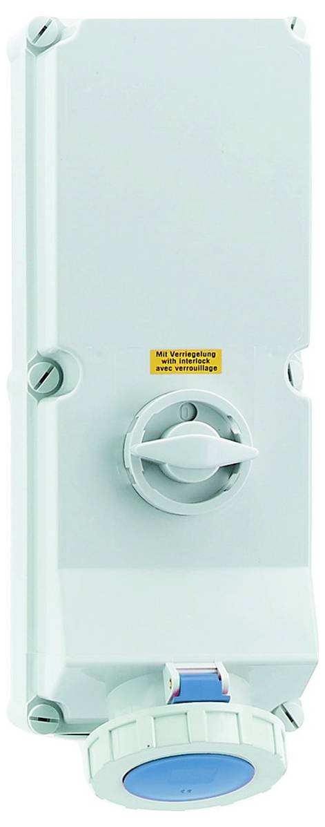 Ein hellgraues Elektroschaltergehäuse mit einem Drehknopf und einem blauen Bauteil, das zur Steuerung der Stromversorgung verwendet wird.