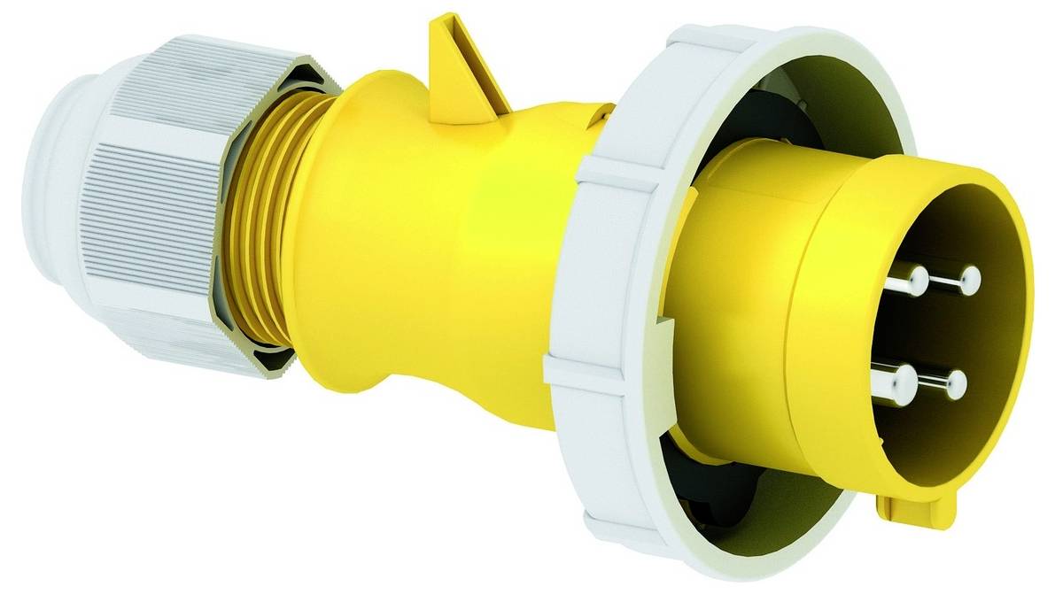 Eine Nahaufnahme eines gelben Industrie-Elektrosteckers mit drei Stiften und grauer Schraubkupplung, die für sichere Stromverbindungen verwendet wird.