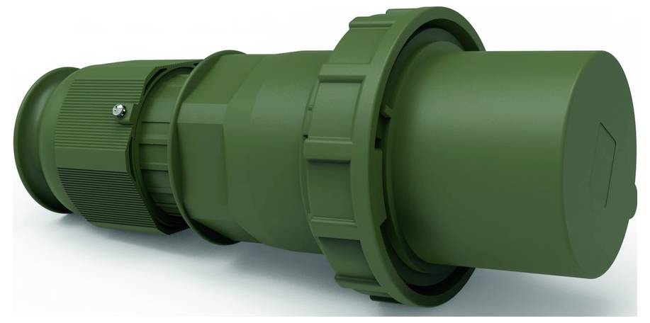 Grüner Industriestromstecker von der Seite gezeigt mit gerilltem Griff und sicherer Befestigungsmechanismus.