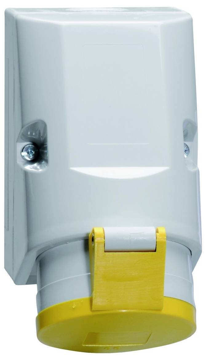 Eine weiße und gelbe elektrische Wandsteckdose mit einer Schutzabdeckung, vertikal montiert.