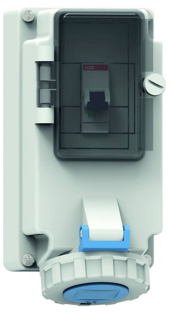 Elektrische Schaltanlage mit durchsichtigem Deckel und blauem Knopf unten, verwendet zum Steuern und Schützen von Stromkreisen.