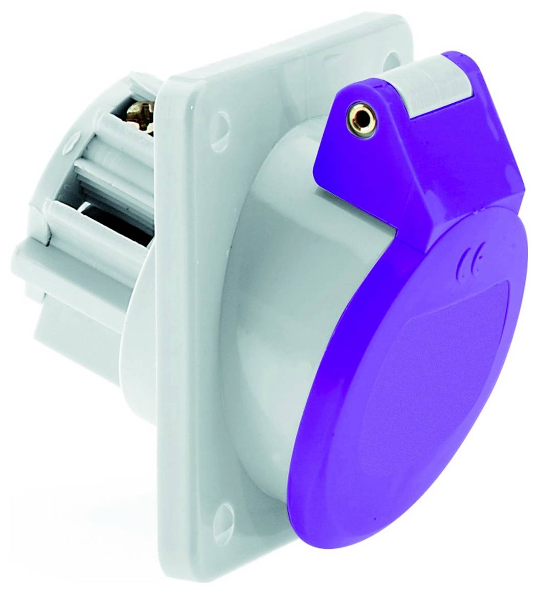 Ein gelber industrieller Stromstecker mit weißer Ummantelung und Befestigungslöchern, die für eine sichere Installation konzipiert sind.