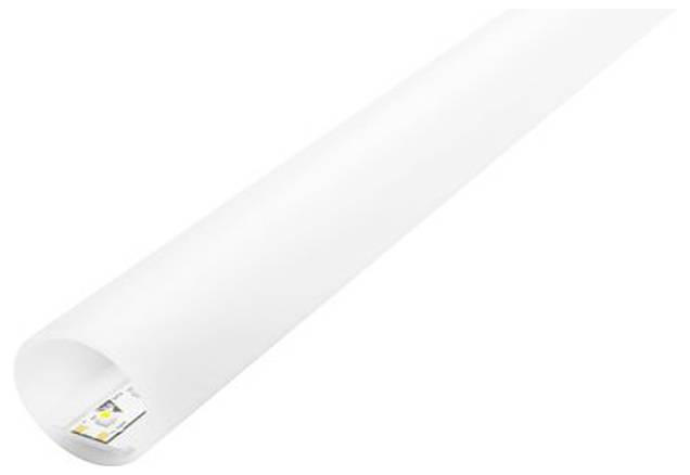 Ein langes, weißes LED-Röhrenlicht, das in einem Winkel gezeigt wird und ein Ende sowie seine elektronischen Komponenten im Inneren offenbart.