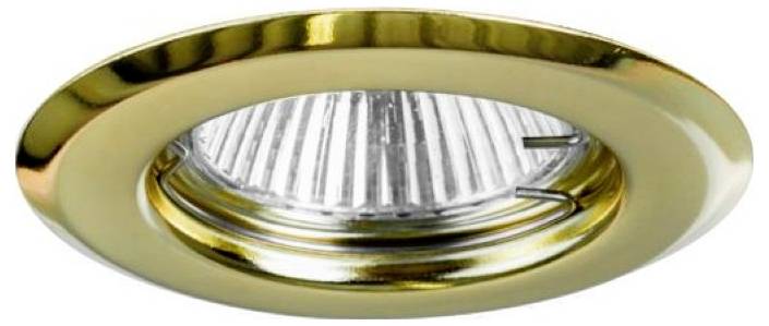 Goldfarbene, bündig in die Decke eingebaute Leuchte mit rundem, reflektierendem Rahmen und transparenter gerippter Glaslinse