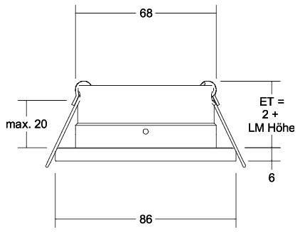 Maßstabgerechte technische Zeichnung einer eingelassenen Leuchte: 68 Breite, 86 Sockelbreite, max. 20 Höhe, ET = 2 + LM Höhe, und 6 Freiraum angegeben.