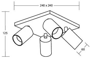Isometrisches Deckenleuchten-Diagramm mit drei verstellbaren zylindrischen Spotlights und einem hängenden rechteckigen Panel, mit den Abmessungen 240 x 240, 125 und 60 gekennzeichnet.