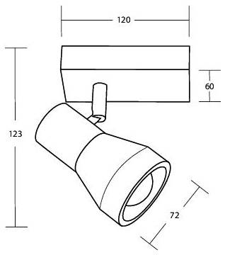Technische Zeichnung einer geneigten zylindrischen Halterung mit gekennzeichneten Abmessungen: 120 mm breit, 123 mm hoch, 72 mm tief und 60 mm Höhe.