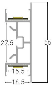 Technische Querschnittszeichnung eines Profils mit den Abmessungen 27,5, 55, 15,5 und 18,5 in Millimetern gekennzeichnet.