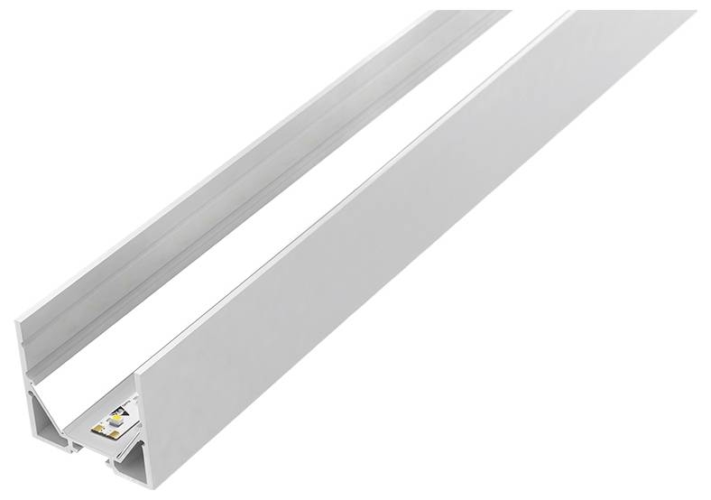 Aluminium-LED-Profil in V-Form mit LED-Streifen im Inneren, verwendet für die Unterbringung und Streuung von LED-Beleuchtung.