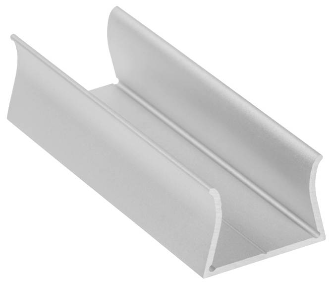 Aluminiumprofil für Konstruktions- oder Rahmungsanwendungen, das seine U-förmige Struktur und metallische Textur zeigt.