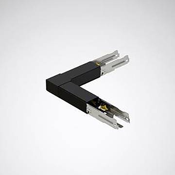 Ein schwarzer und silberner robotischer Arm in L-Form mit jeweils drei Zacken an jedem Ende, vor einem einfachen hellgrauen Hintergrund.