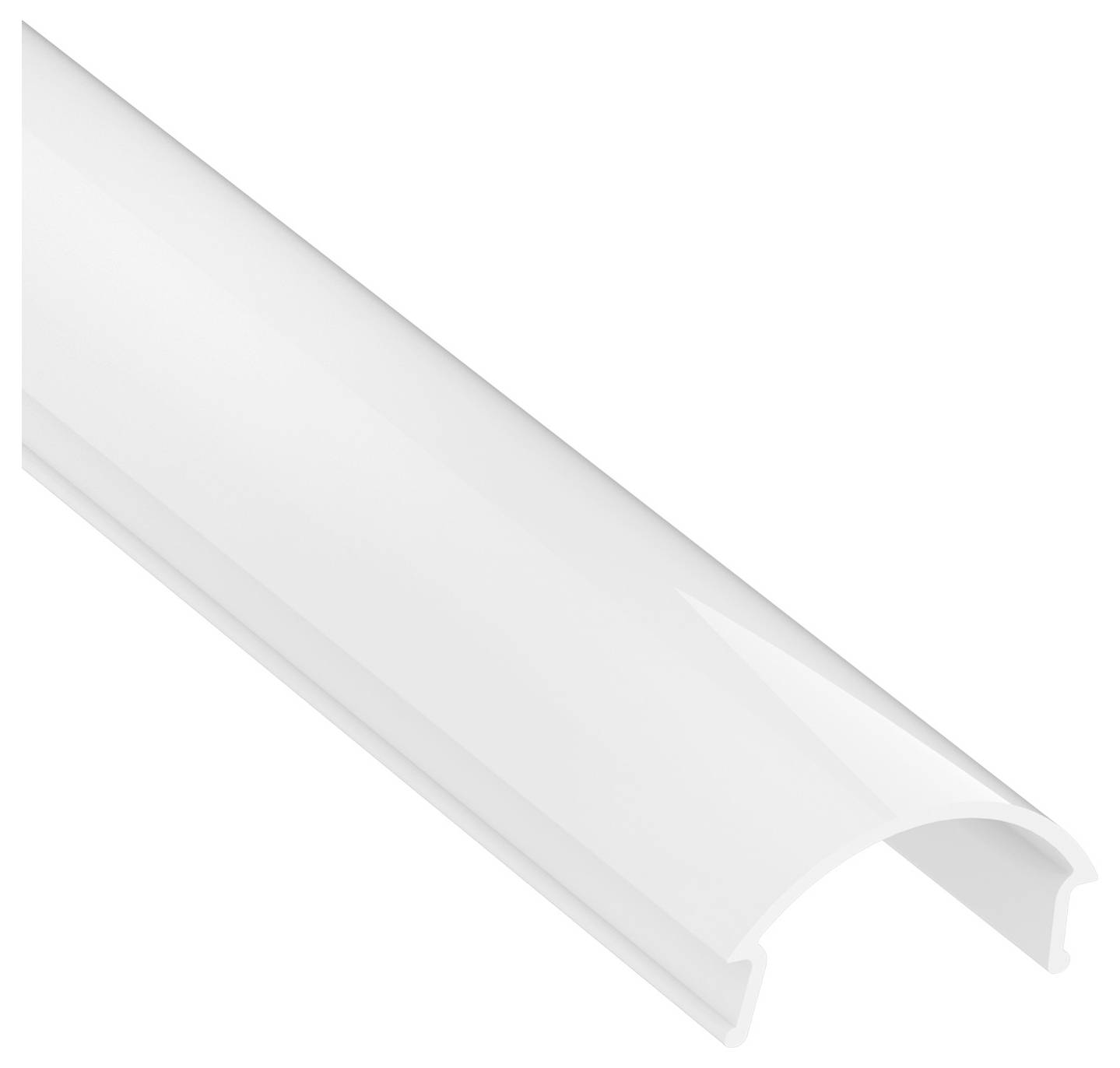 Weiße Kabelabdeckung zur Organisierung und Verbergen von Drähten, von einer Seite gezeigt, um ihr gebogenes Design zu präsentieren.