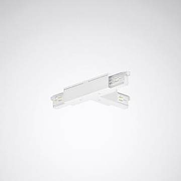 Ein weißer, X-förmiger Verbinder für Schienen, wahrscheinlich in Beleuchtungssystemen verwendet, auf einem Farbverlauf-Grau-Hintergrund dargestellt.