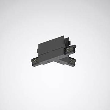 Schwarzer Stecker für Schienensysteme auf grauem Hintergrund, der die Möglichkeit zeigt, mehrere Schienen in verschiedenen Winkeln zu verbinden.