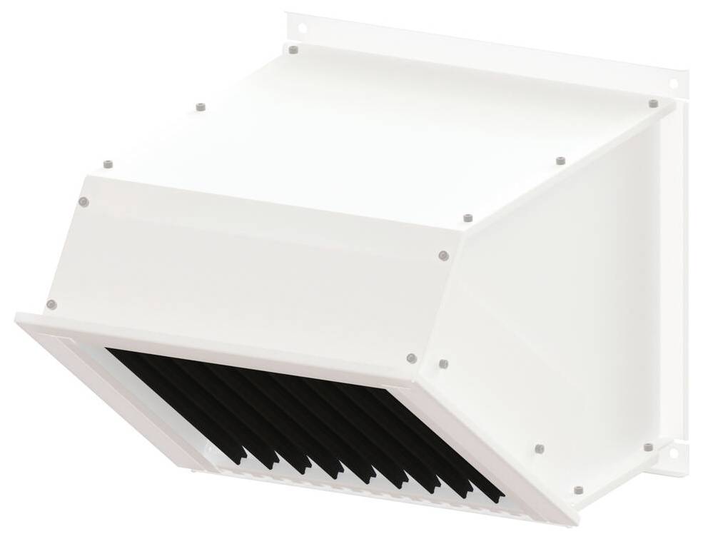 Ein rechteckiger weißer Metallwandlüfter mit schwarzen Lamellen im Inneren, konzipiert für externe Belüftung, montiert auf einer ebenen Oberfläche.