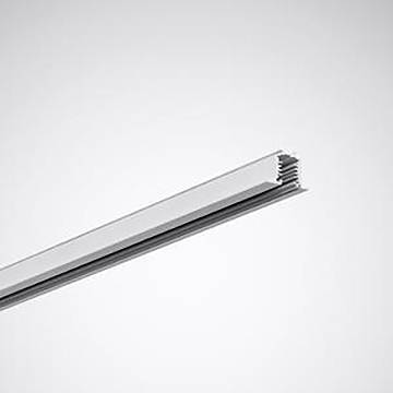 Aluminium-Extrusionsprofil mit einer Nut zur Installation von Schiebetüren, dargestellt in einer Seitenansicht vor einem einfachen Hintergrund.