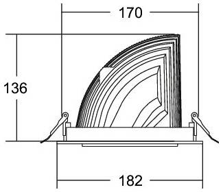 Technische Zeichnung eines Klappbildschirms/Türpanels mit den Abmessungen 170 Höhe, 136 Seitenhöhe und 182 Basisbreite, mit geschichteten gekrümmten Paneelen, die nach außen geöffnet sind.