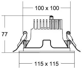 Technische Zeichnung eines quadratischen elektrischen Bauteils mit Befestigungsklammern, mit den Abmessungen 100 x 100, 115 x 115 und 77.