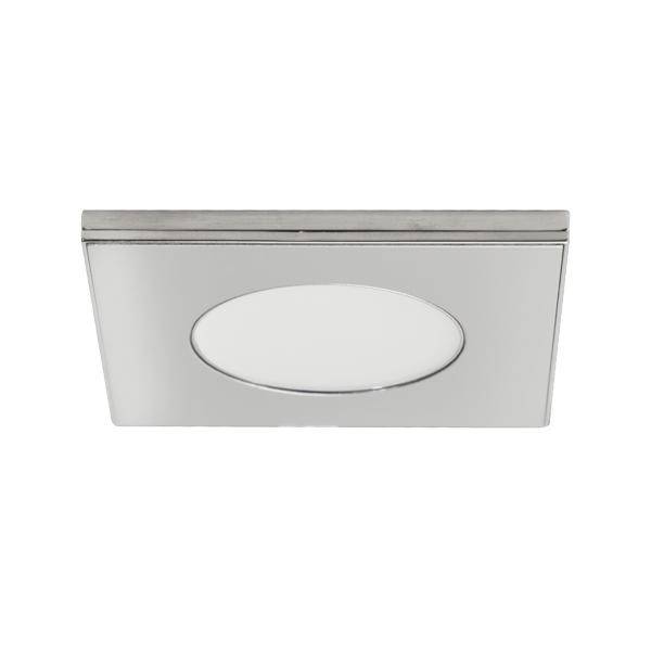 Ein silbernes rechteckiges Wandleuchten-Fixture mit einer zentrierten ovalen mattglasierten Linse auf weißem Hintergrund.
