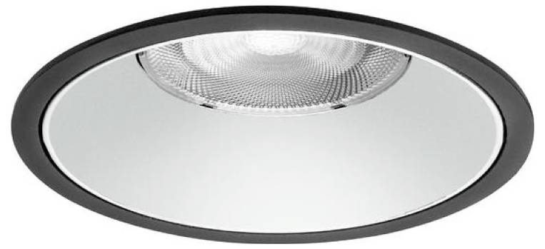 Runde, bündige Deckenleuchte mit weißem Diffusor und schwarzem Außenring.