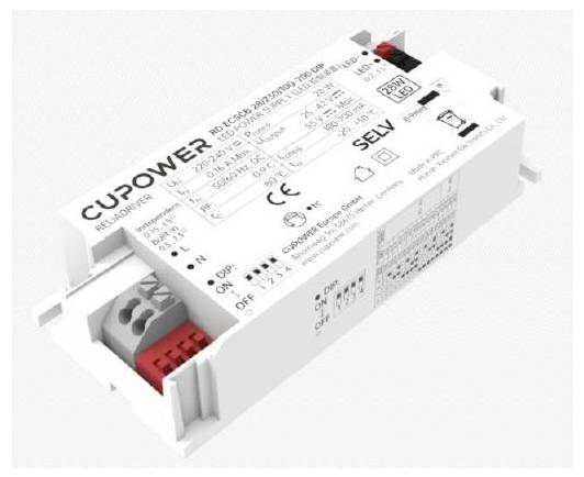 Weiße CUPOWER SELV-LED-Stromversorgungsmodul mit Anschlussklemmen und aufgedruckten elektrischen Spezifikationen.