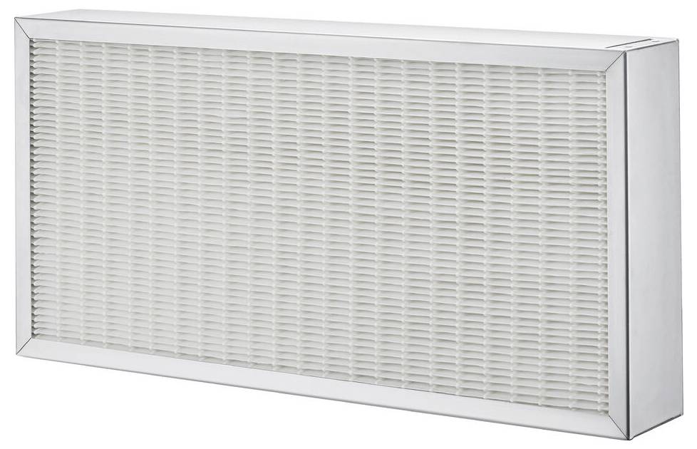 Ein rechteckiger weißer Luftfilter mit Metallrahmen, mit gefalteter Ausführung zur Filtration.