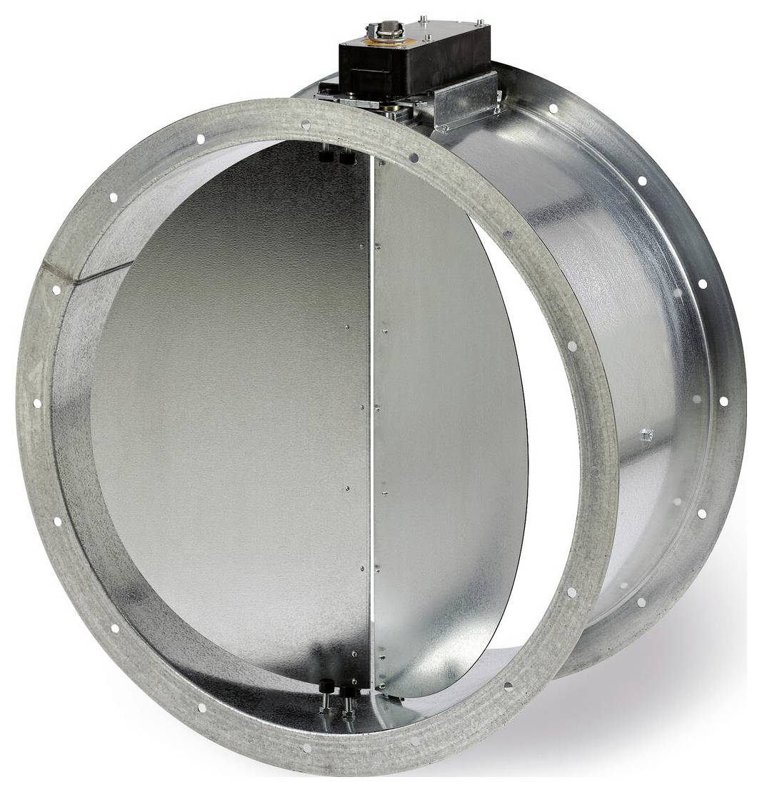 Ein industrieller Metallkreisdämpfer mit einem Aktuator oben, verwendet zur Steuerung des Luftstroms in HLK-Systemen.