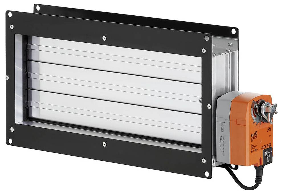 Ein rechteckiger Metall-Lüftungsschieber mit mehreren Lamellen, gesteuert durch einen orange-grauen Motor an der Seite, wird zur Regelung des Luftstroms verwendet.