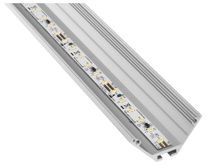 Eine Nahaufnahme eines silbernen LED-Streifenlichts in einem abgewinkelten Aluminium-Gehäuse, das einzelne LED-Komponenten und Montagebeschreibungen zeigt.
