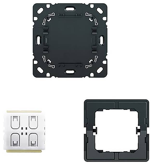 Drei Komponenten eines modularen elektrischen Schaltersystems: ein schwarzer Montagerahmen, ein weißer innerer Mechanismus und ein schwarzer Abdeckungsrahmen.