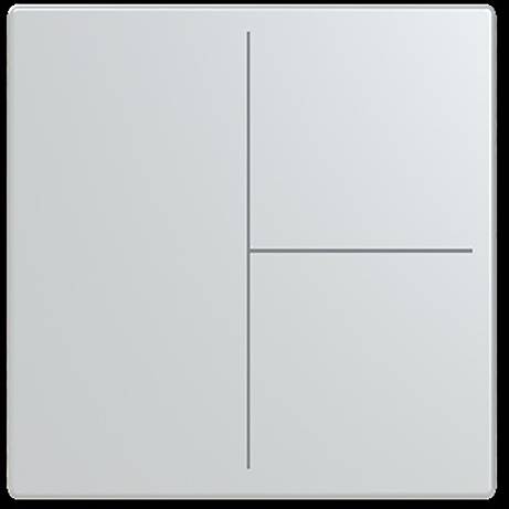 Ein minimalistisches, dreiflächiges geometrisches Design auf quadratischem, hellgrauem Hintergrund, das sich teilweise überlagert und einem stilisierten Kreuz ähnelt.