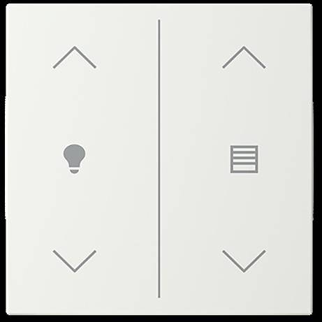 Ein weißes Schalterpanel mit zwei Bereichen: links zur Lichtsteuerung, dargestellt durch ein Glühbirnensymbol, und rechts zur Jalousiensteuerung, gekennzeichnet durch ein Jalousiesymbol.