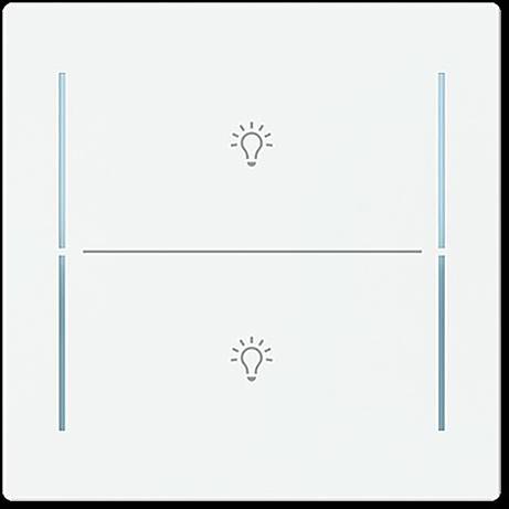 Berührungsempfindlicher Lichtschalter mit zwei LED-Anzeigen und Symbolen von Glühbirnen, die Stromkontrolle für zwei verschiedene Leuchten andeuten.