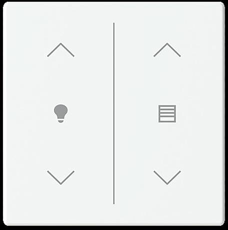 An der Wand montiertes Bedienfeld mit zwei Bereichen: links für die Lichtsteuerung mit Glühbirnensymbol; rechts für die Jalousiesteuerung mit Jalousiensymbol; beide mit Auf- und Ab-Pfeilen.