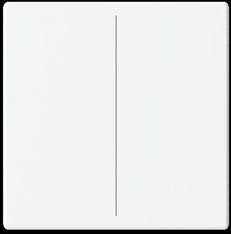 Ein weißer rechteckiger Lichtschalter mit einer vertikalen Linie in der Mitte, was auf einen Wechselschalter hindeutet, der separate Stromkreise steuert.