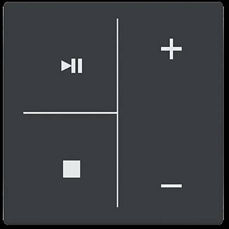 Mediensteuerungstasten mit Play/Pause, Stopp, Lautstärke erhöhen und Lautstärke senken auf dunklem Hintergrund.
