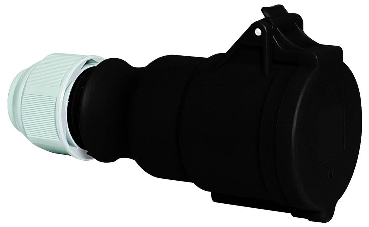 Ein schwarzer und türkisfarbener Steckerverbinder wird gezeigt, der ein Gewindelende und einen Verriegelungsmechanismus aufweist und für industrielle oder kommerzielle Verbindungen verwendet wird.