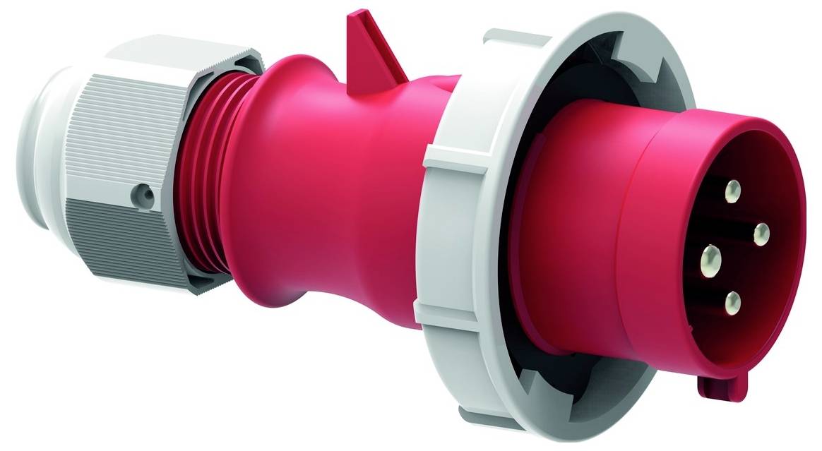 Ein roter Industriestecker mit drei Metallstiften und einem sicheren Verriegelungsmechanismus, der für Hochleistungs-Stromverbindungen verwendet wird.