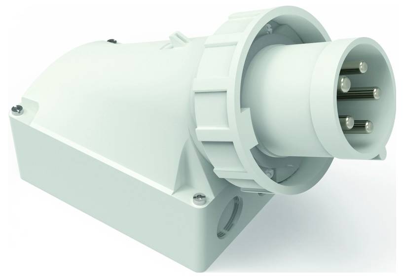 Weißer Industrie-Elektrostecker mit fünf Metallstiften, mit robustem Gehäuse und Schutzabdeckung, abgewinkeltes Design für sichere Verbindungen.