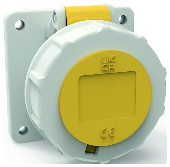 Eine gelbe Industrialsteckdosenschutzkappe mit geprägten Buchstaben „WK CA