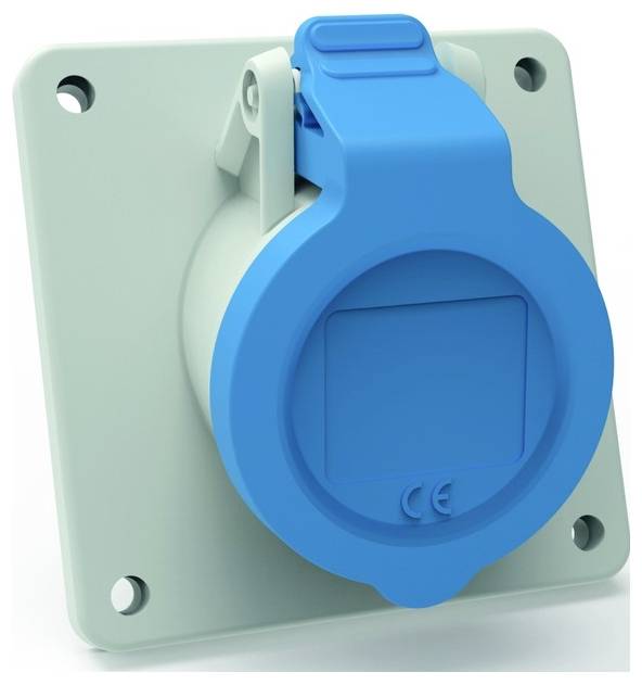Eine industrielle elektrische Wandsteckdose mit einer Schutzkappe in Blau ist auf einer grauen quadratischen Basis mit vier Schrauchlöchern in den Ecken montiert.