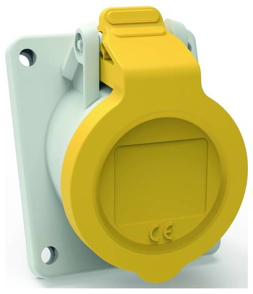Eine wasserdichte, industrielle Steckdose in Gelb und Grau mit geschlossenem Schutzdeckel und vier Befestigungslöchern.