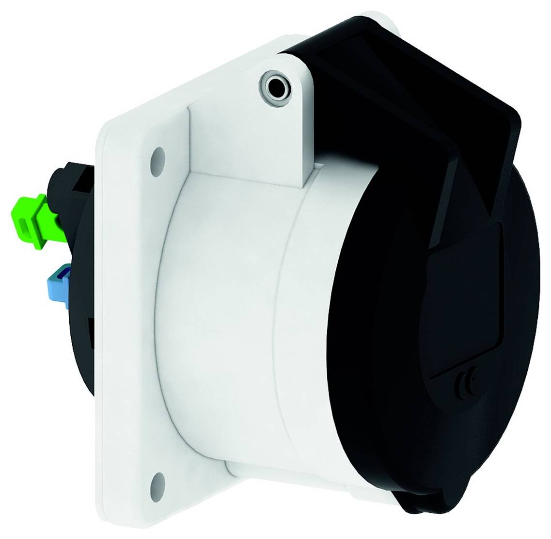 Eine schwarz-weiße Elektrosteckdose mit farbigen Anschlüssen auf der Rückseite, die für industrielle oder schwere Einsätze konzipiert ist.